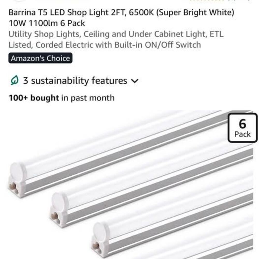 Barrina T5 LED Shop Light 2FT 6500K 6 Pack